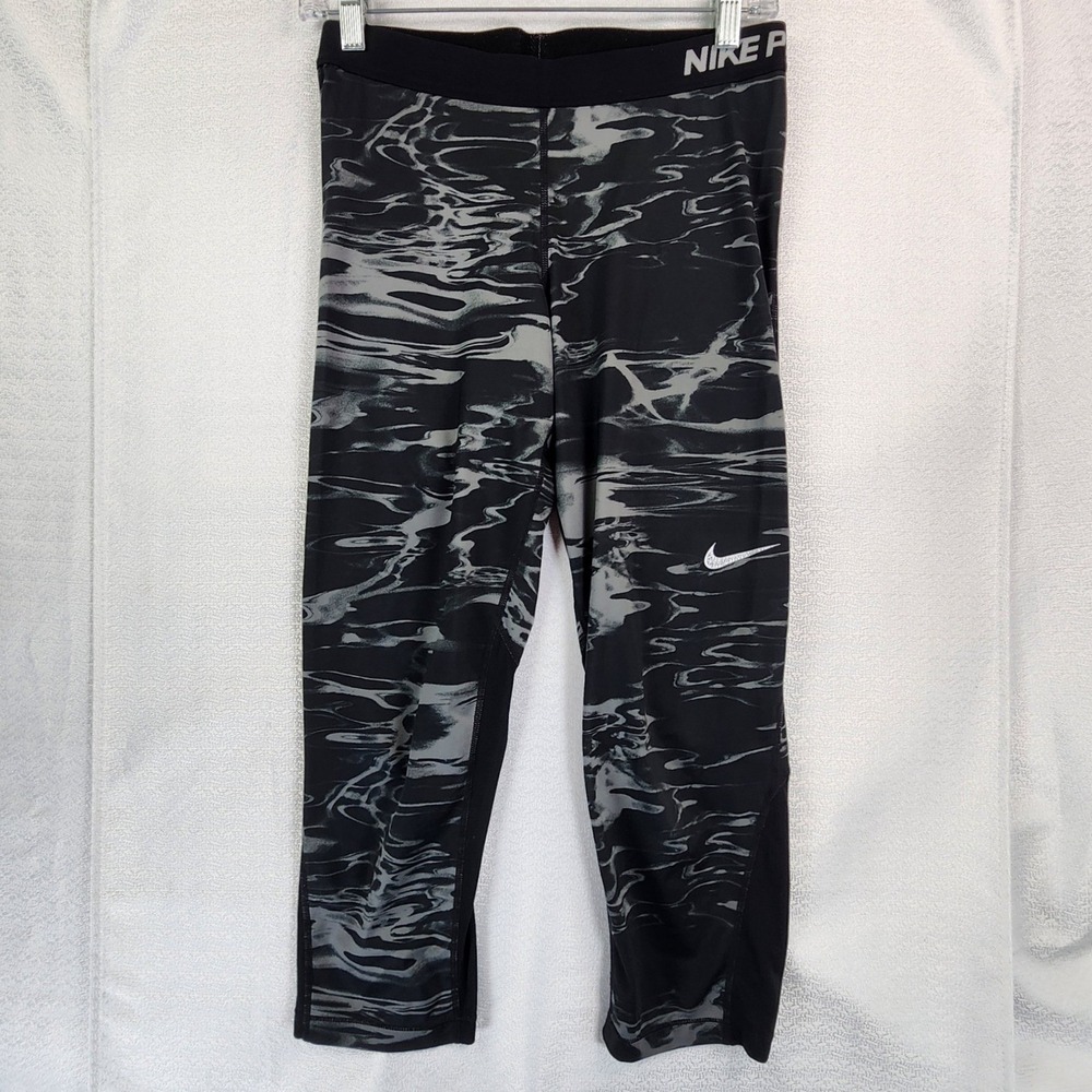 Nike Large Black Grey Nike Pro Dri-FIT Capri Leggings Abstract Marble Gym Yoga